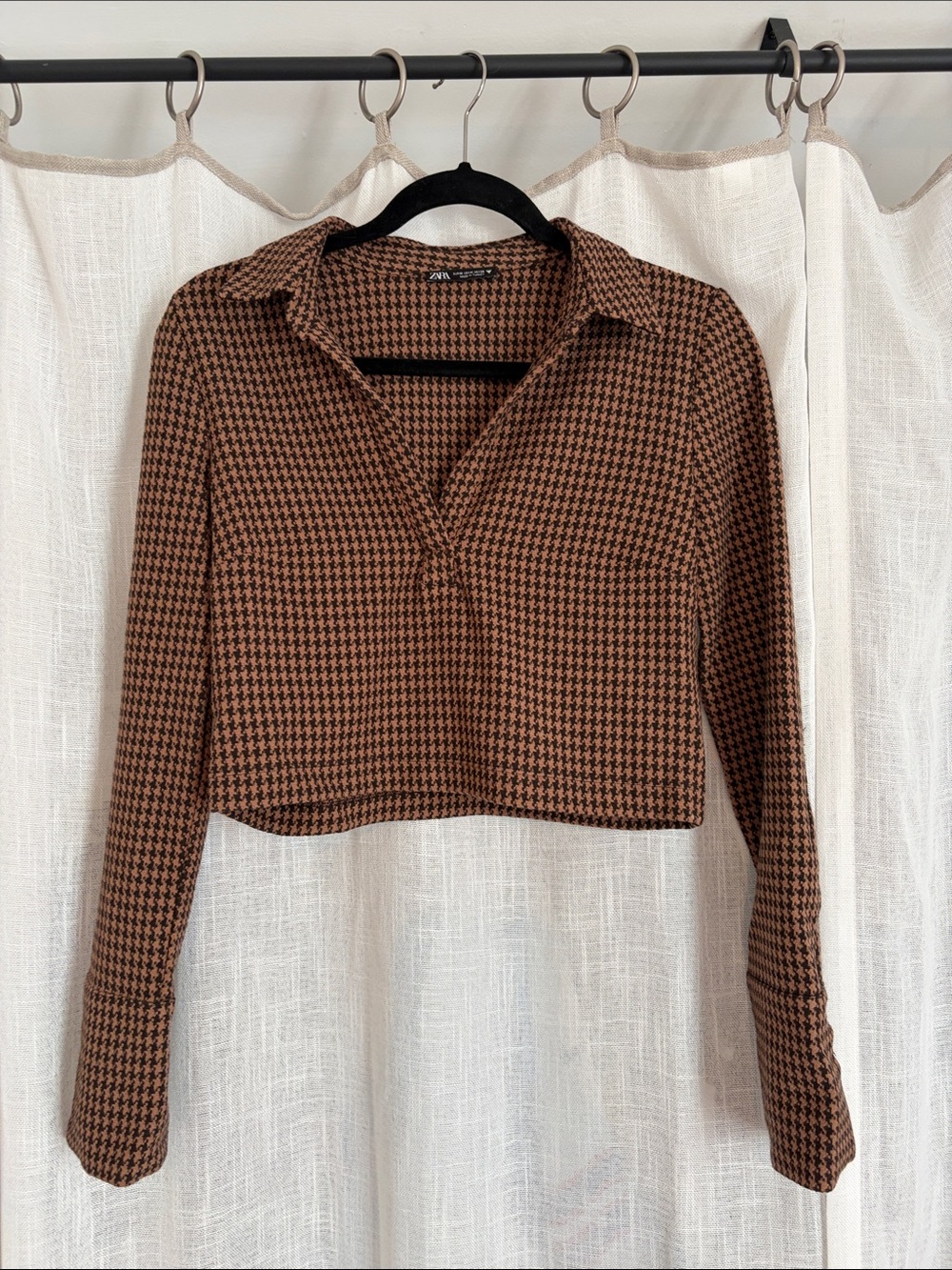 Zara Houndstooth Collared Long-Sleeve